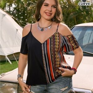 SHEIN Black‎ and Multicolor Striped Blouse